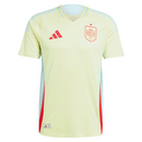 La - camiseta - Adidas - España - 2024 - visitante - presenta - colores - frescos - y - marcantes - amarillo - neón - pálido - inspirado - en - dunas - de - arena - diseño - moderno - emblema - rojo - vibrante - equipación - oficial - combinada - detalles - distintivos - fútbol - España - away - kit - pulse - yellow - temporada - internacional - logotipo - Adidas