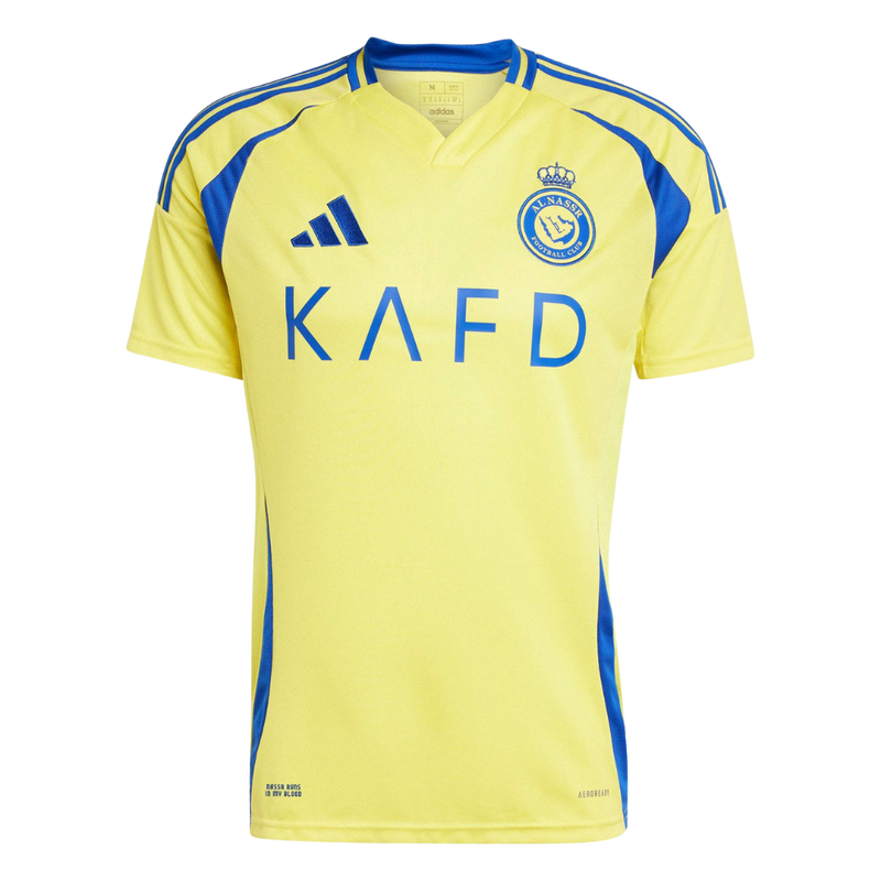 Al-Nassr 20242025 - Camiseta Al-Nassr - Uniforme titular Al-Nassr - Adidas Al-Nassr - Liga Profesional Saudí - Copa del Rey de Campeones - Champions League - Diseño moderno - Detalles únicos - Amarillo - Azul - Negro - Gola redonda - Escudo del Al-Nassr - Logo de Adidas - Identidad del club - Historia del club - Tecnologías innovadoras - Confort - Rendimiento.