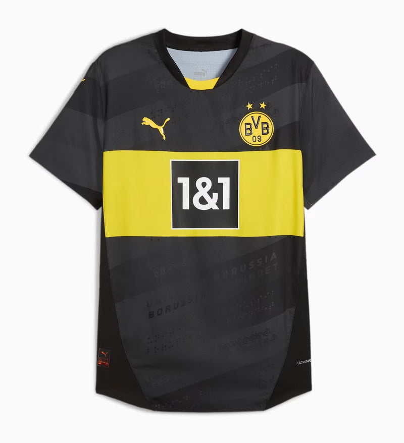 BorussiaDortmund-Camisetareserva-Puma-Bundesliga-ChampionsLeague-Negro-Amarillo-Disenosutil-Risca-Subtil-Temporada2024-25-GiovanniReyna-MarcelSabitzer-SebastienHaller-Karim_2