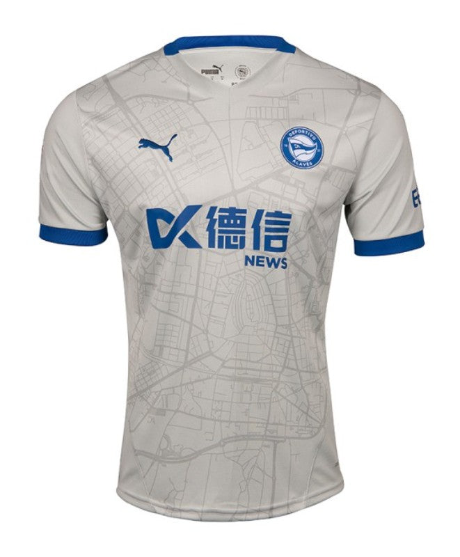 Deportivo Alavés 20242025 - Camiseta alternativa Alavés - Puma Alavés - La Liga EA Sports - Diseño Vitoria-Gasteiz - Gris - Mapa de la ciudad - Bandera de Vitoria-Gasteiz - Azul royal - Escudo del Alavés - Tecnologías innovadoras - Confort - Rendimiento - Identidad del club - Homenaje - Historia del club.