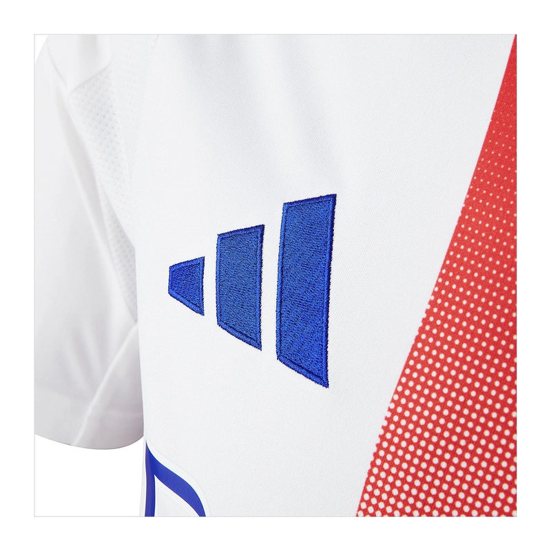 Olympique Lyonnais - 2024-2025 - Lyon - Fútbol - Ligue 1 - Copa de Francia - Adidas -  Diseño -  Temporada - Camiseta titular - Club - Estadio - Jugadores - Moda - Estilo - Comprar - Camisetas de fútbol - Venta - Última colección - Moda deportiva -  Rojo - Blanco - Clásico - Rayas verticales