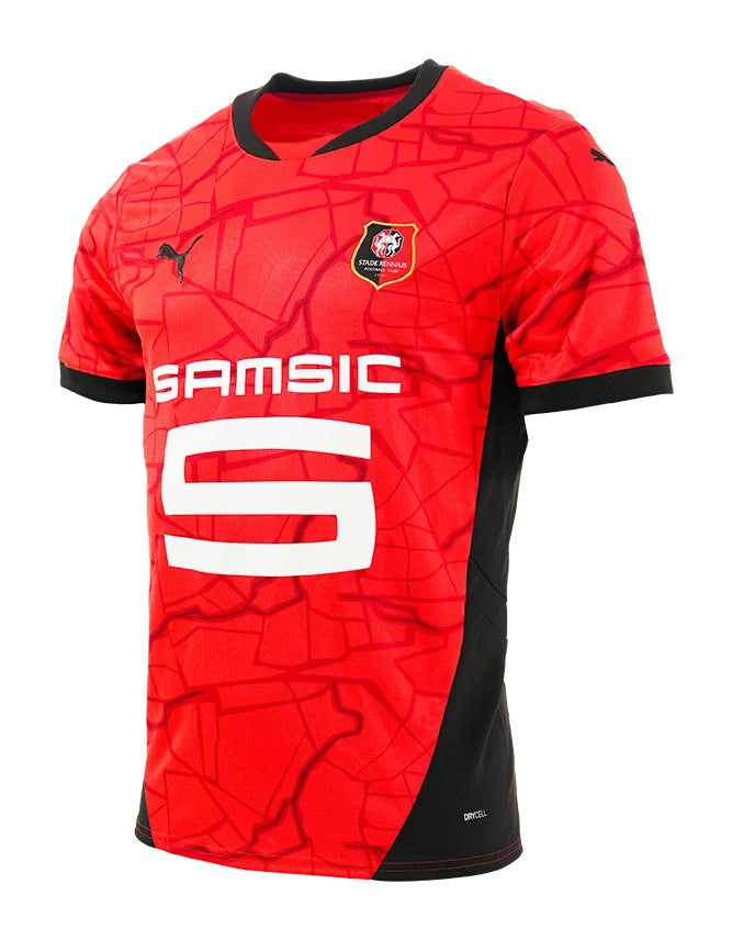 Stade Rennais - 2024-2025 - Rennes - Fútbol - Ligue 1 - Copa de Francia - Puma -  Diseño -  Temporada - Camiseta titular - Club - Estadio - Jugadores - Moda - Estilo - Comprar - Camisetas de fútbol - Venta - Última colección - Moda deportiva - Rojo - Negro - Clásico - Rayas verticales