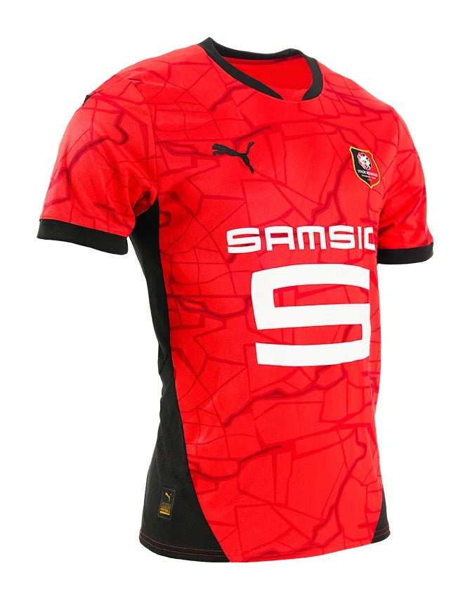 Stade Rennais - 2024-2025 - Rennes - Fútbol - Ligue 1 - Copa de Francia - Puma -  Diseño -  Temporada - Camiseta titular - Club - Estadio - Jugadores - Moda - Estilo - Comprar - Camisetas de fútbol - Venta - Última colección - Moda deportiva - Rojo - Negro - Clásico - Rayas verticales