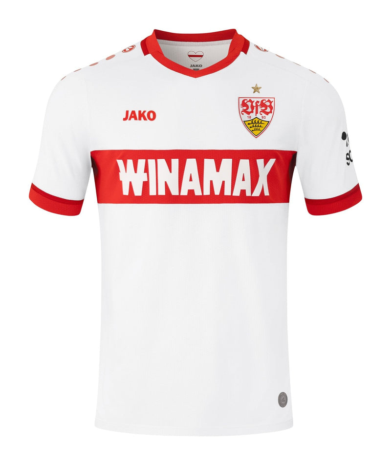 Stuttgart - 2024/2025 - Camiseta Stuttgart - Camiseta titular Stuttgart - Uniforme Stuttgart - Jako Stuttgart - Diseño clásico - Rojo y blanco - Rayas verticales - Bundesliga - Copa de Alemania - Gola redonda - Escudo del club - Logo de Jako - Patrocinio Mercedes-Benz - Tecnologías innovadoras - Confort - Rendimiento.