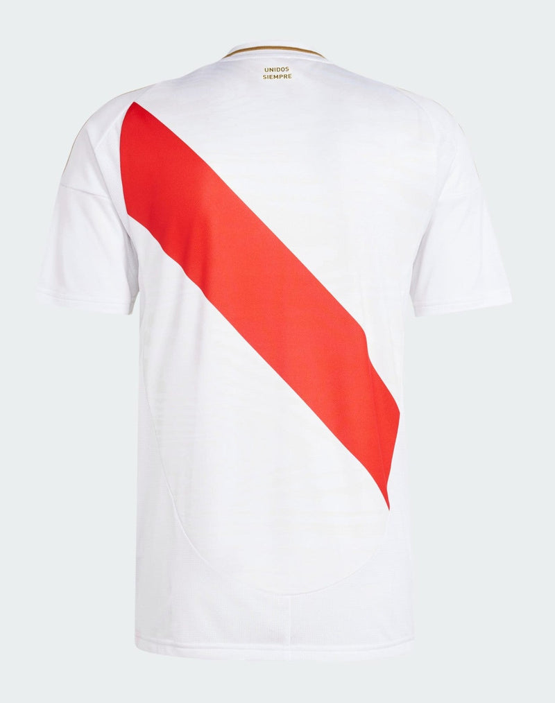 Perú 2024/2025 - Camiseta Perú - Uniforme titular Perú - Adidas Perú - Blanco - Diseño clásico - Copa América - Eliminatorias Mundial - Rojo - Azul - Tradición peruana - Banda roja - Gola redonda - Pantalones azules - Medias blancas - Innovación - Tecnología de vanguardia - Comodidad - Rendimiento.