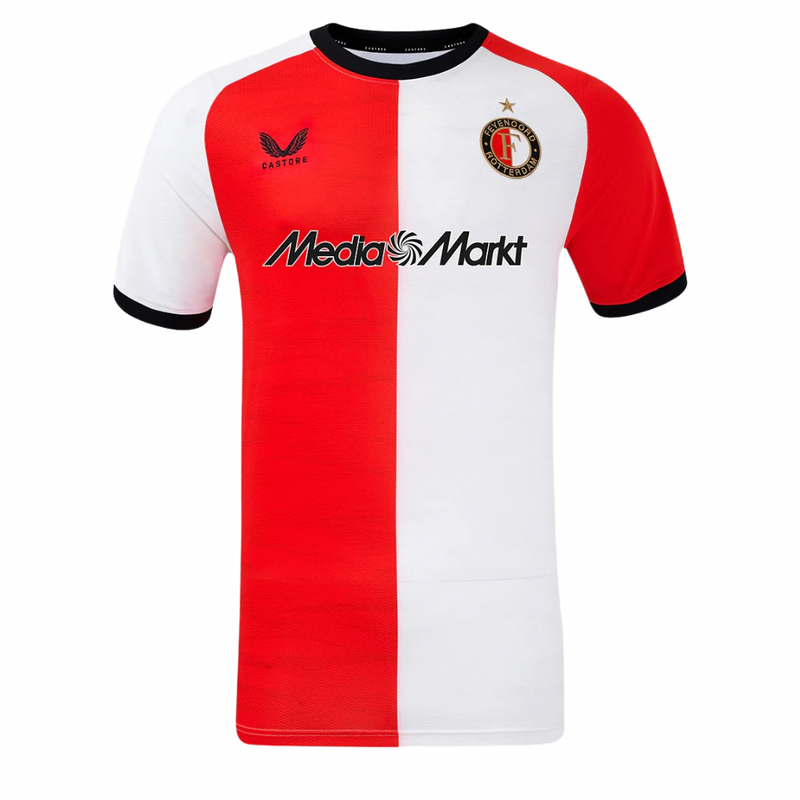 Feyenoord 2024/2025 - Camiseta Feyenoord - Uniforme titular Feyenoord - Castore Feyenoord - Eredivisie - Diseño moderno - Diseño elegante - Rojo - Blanco - Negro - Identidad del club - Gola redonda - Escudo del Feyenoord - Logo de Castore - Pasión - Historia - Tecnologías innovadoras - Confort - Rendimiento.