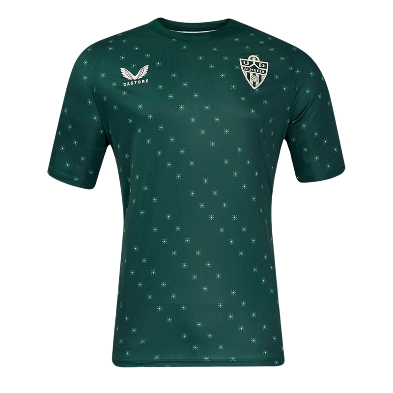 U.D. Almería 2024/2025 - Camiseta de visitante U.D. Almería - La Liga 2 - Diseño inspirado en la Catedral - Patrón sutil - Verde oscura - Blanco - Catedral de Almería - Palmeras - Temporada - Fútbol - Estilo - Equipamiento deportivo - Homenaje a la ciudad.