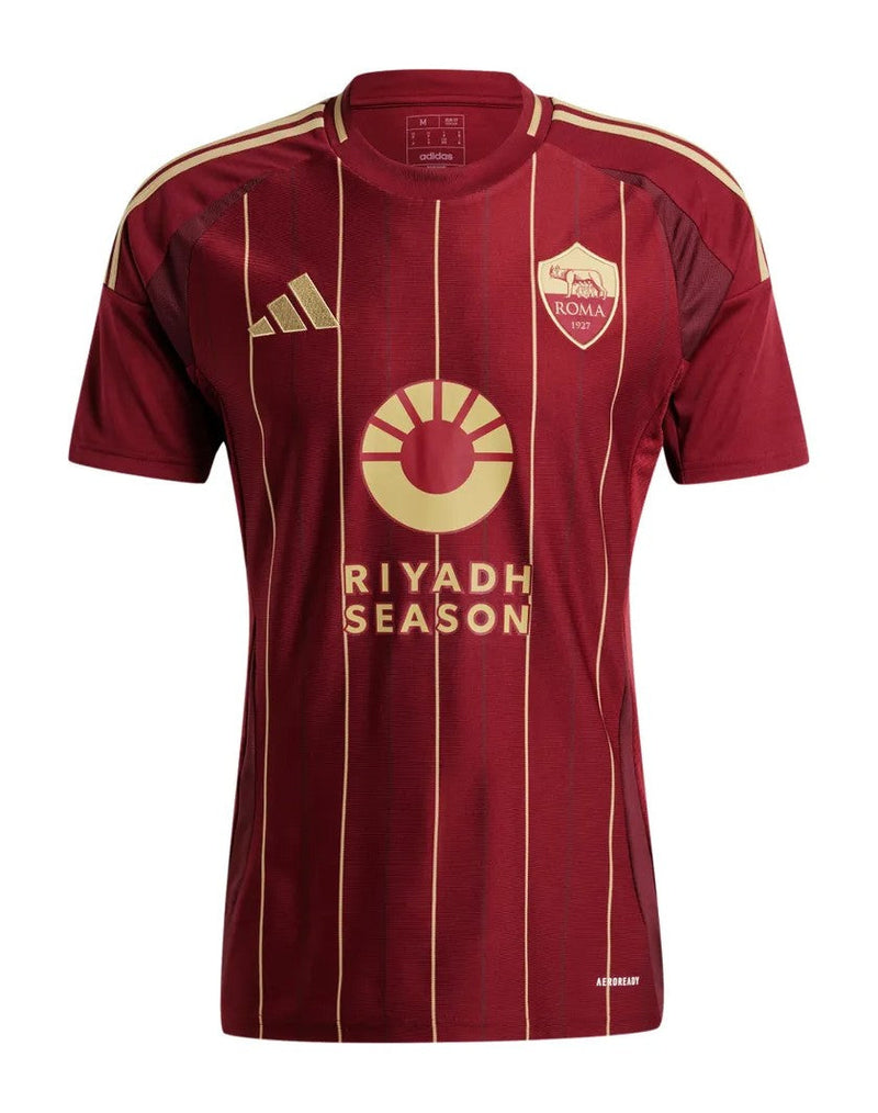 camiseta-ASRoma2024-25-uniformedelocal-Adidas-SerieA-rojo-detallesdorados-disenoelegante-RiyadhSeason-temporada2024-25-futbolitaliano-PauloDybala-TammyAbraham-LorenzoPelleg